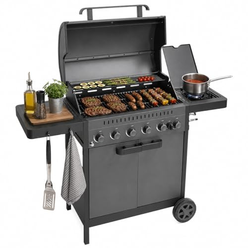Amig - Barbacoa de Gas IGNIS 6+1 (6 Quemadores + 1 Lateral) - 135 x 55 x 110 cm - Superficie de Cocción 72 x 38 cm - Con Termómetro, Bandejas Laterales, Ruedas y Parrilla de Hierro Fundido - Negro