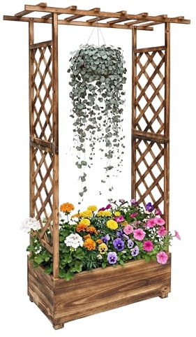 Relaxdays Blumenkasten mit Rankgitter & Dach, HBT 183x110x44 cm, geflammt | Pflanzkübel mit Spalier, Balkon, Garten, Holz