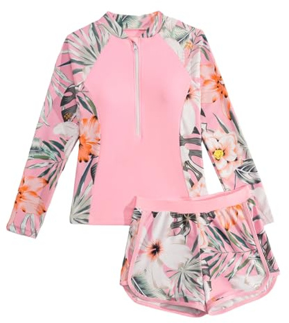 Conjunto bañador dos piezas niña manga larga protección UV cremallera frontal estampado abstracto‑tropical, tejido anti‑cloro elástico, para piscina playa verano niñas 7‑14 años