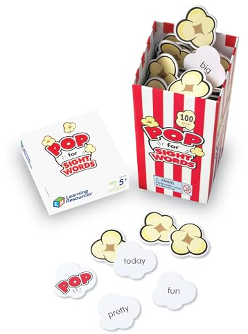 Learning Resources POP for Sight Words Game, Multi-Color, 3 L x 3 W x 6-1/4 H in (LER8430), Popcorn Shaped Words, 100 Cards with Storage Box Included