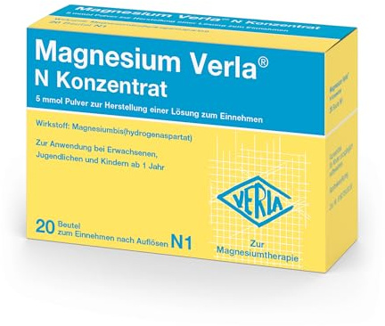 Magnesium Verla N Konzentrat – Pulver zum Auflösen, bei Magnesiummangel mit organischem Magnesiumaspartat für eine gute Bioverfügbarkeit, nicht brausend, fruchtiger Mandarinen-Geschmack, 20 St