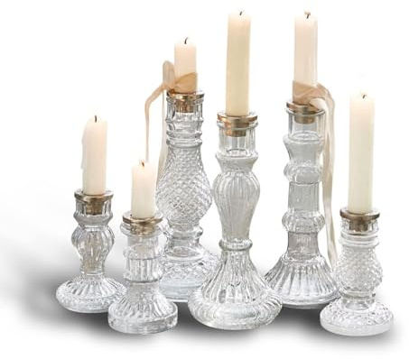 Loberon Kerzenständer 6er Set Youna, klar/Silber | mundgeblasen, Vintage-Flair, unterschiedliche Modelle, für Stabkerzen, Kerzenhalter, Kerzenleuchter, Glas