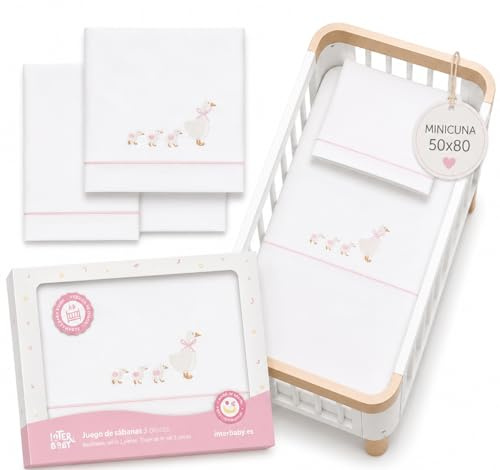 Sabanas Minicuna 50x80 100% Algodon Transpirables Lavables con Sabana Bajera Ajustable para Recien Nacidos Textil Suave Descanso Bebes + Encimera y Funda Almohada Patitos Rosa Verano Primavera
