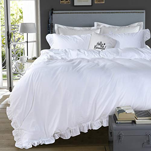 Queen's House White Ruffle Twin Duvet Cover, Washed Cotton Shabby Boho Chic Farmhouse Bedding Comforter Cover 3 Pieces Kids Duvet Quilt Cover Twin Ultra Soft Aesthetic Cute Girls Teen Bedding