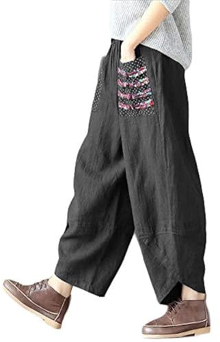 Minibee Women's Baggy Linen Wide Leg Trousers Casual Patchwork Elastic Waist Harem Pants Black M