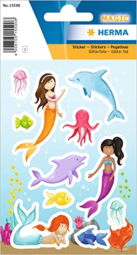 HERMA 15590 Stickers Mermaid Glitter Small Large Pack of 11 Girls Stickers with Sea Animals Motif, Children's Labels for Photo Album, Diary, Poetry Album, Scrapbooking, Birthday Decoration, Letters
