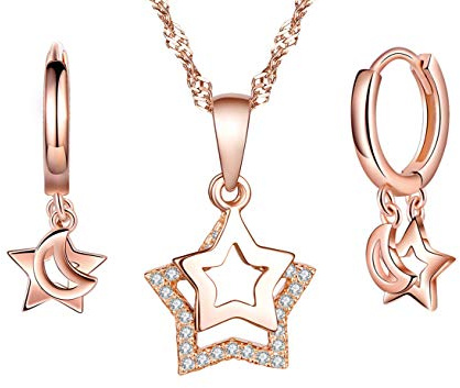 Yumilok 925 sterlingsilver dam halsband kreoler örhängen med hänge stjärna måne zirkonia smycken set roséguld för kvinnor flickor