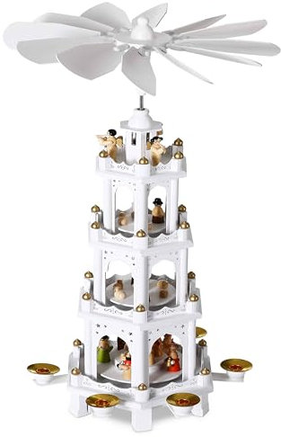 Spielwerk® Weihnachtspyramide Groß 4-Stöckig Klassisch Drehend Echtholz Handbemalt Indoor Weihnachtsdekoration Weiß