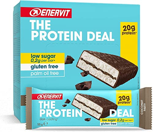 Enervit The Protein Deal Coconut Party, Barritas Proteicas, Sabor Coco y Chocolate Negro, 20g de Proteínas, 0,2g de Azúcares, Snack Delicioso, Sin Gluten, 12 Barritas de 55g