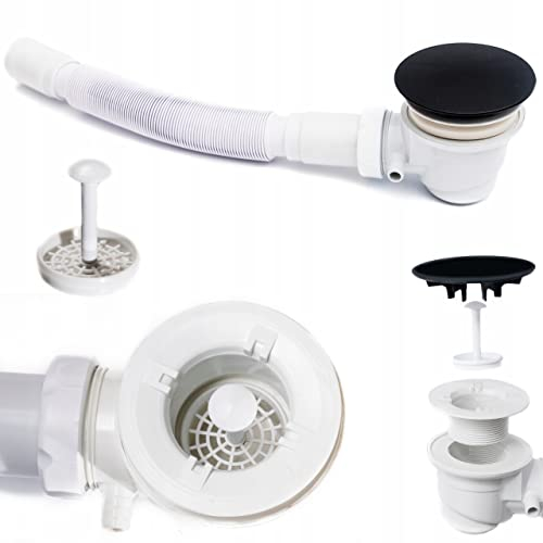AquaParts Ablaufgarnitur Duschwannen-Siphon mit Badewannenstöpsel | Schwarz | Abflussstopfen | Abfluss Stöpsel | Duschkabinen-Siphon | für Planschbecken, Badewanne | verhindert Verstopfung & Gerüche