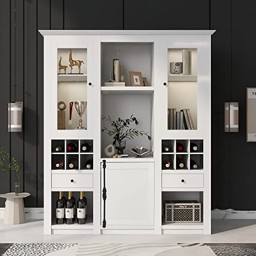 Merax Vitrine mit LED Beleuchtung, Vitrinenschrank Standvitrine mit Türen Schubkästen Flaschenfächer und Böden, Wohnzimmerschran Weiß LED Schränke, Holz Hochschränke, 143 x 170 x 45.5 cm