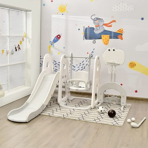 RELAX4LIFE 6 in 1 Centro Attività per Bambini, Parco Giochi con Scivolo, Altalena e Canestro, Set di Scivoli per Bambini da Giardino o Cameretta, Età 18 Mesi - 5 Anni (Grigio)