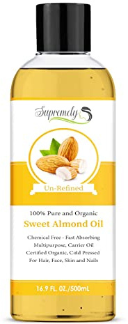 Pure Sweet Almond Oil for Skin and Hair - Cold Pressed, Natural Moisturizer and Carrier Oil - Promotes Healthy Hair Growth and Smooth Skin