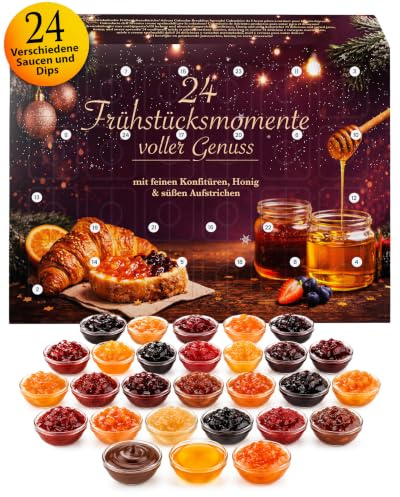 He-Ju Frühstück Adventskalender 2025 mit 24 leckeren Marmeladen und Honig in Portionsgrößen, Weihnachtskalender mit süßen, abwechslungsreichen Frühstücksaufstrichen Geschenkset
