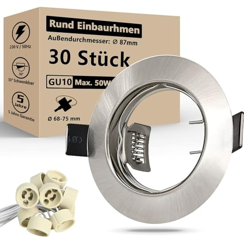 HiBay 30er Set LED Einbaustrahler 230v GU10 Einbaurahmen Rund Gebürstet Edelstahl Einbauspots Inkl. GU10 Fassung für LED oder Halogen Leuchtmittel
