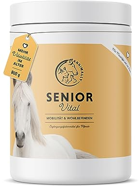 Annimally Senior Vital Pulver Pferd mit MSM, Traubenkern, Glucosamin, Teufelskralle - Senior Zusatzfutter zur Unterstützung von Herz & Kreislauf sowie Knochen und Gelenke im Alter