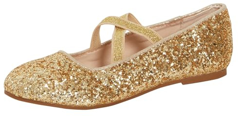 Flickor glitter balettskor barn platt elastisk rem ballerina festskor bröllop brudtärna skor, Guld, 31 EU