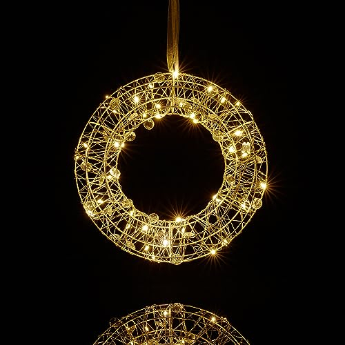 Relaxdays LED Lichtkranz, Fensterdeko innen, zum Aufhängen, Ø 25 cm, ganzjährig, Lichterkreis, batteriebetrieben, silber
