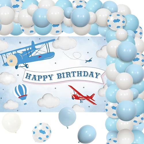 Wonmelody Flugzeug-Geburtstagsparty-Dekorationen, blaue Ballongirlande, Flugzeug-Alles Gute zum Geburtstag-Hintergrund, Flugzeug-Wolke-Folienballons für die Zeit vergeht, Geburtstagsparty-Dekorationen