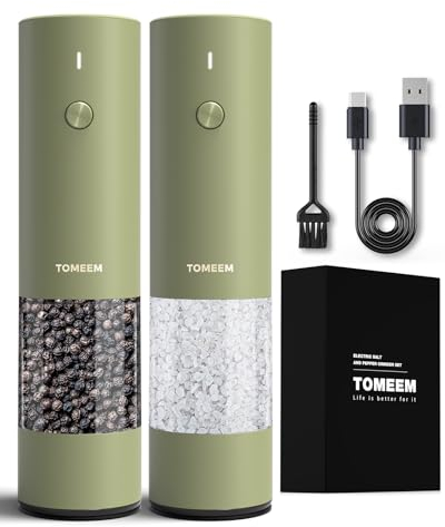 Salz und Pfeffermühlen elektrisch 2er Set aus Edelstahl (Wiederaufladbar, LED Beleuchtung, mit einstellbarem Keramikmahlwerk, Bürste, Holzlöffel) Gewürzmühle elektrisch, Green