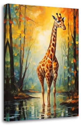 LZIMU Giraffen Leinwandbilder Giraffe im Wald Posterdrucke bunte Wildtiergemälde für Kinderzimmer Kinderzimmer Gerahmt(Bild-1, (30.00 x 45.00 cms))