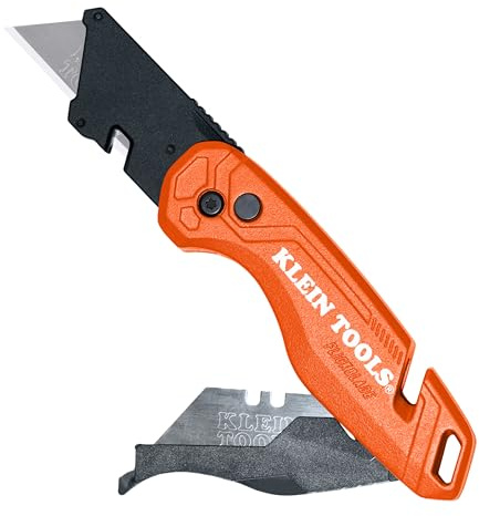Klein Tools 44303 | Universalmesser klappbar mit Klingenaufbewahrung | Faltbares Teppichmesser mit Schnellwechsel-Funktion | 5-fach verstellbare Klingenposition | Gürtelclip & Aluminiumgriff