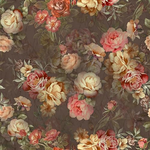 VEELIKE Nostalgische Tapete Blumen Braun Blumentapete Vintage Fototapete Blumen Klebefolie Muster Tapeten Wohnzimmer Selbstklebende Tapete Wand Dekoration Schlafzimmer Möbelfolie 44.5cm×300cm