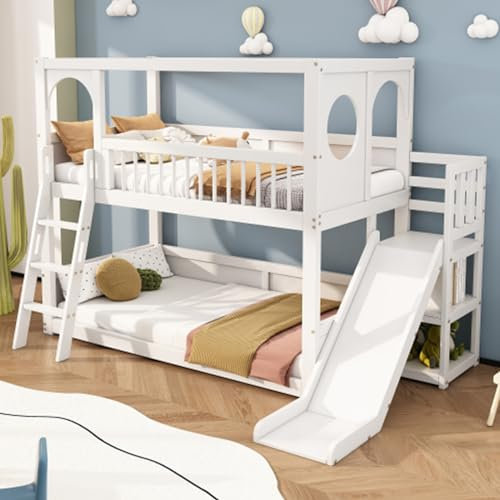 DaMga Letto a Castello con Scala E Scivolo,Letto a Casetta,Lettino per Bambini,Letto a Castello con Protezione Anticaduta E Griglia,Struttura in Pino,1x Rete a Doghe,90x200Cm,Bianco