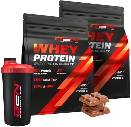 2 kg Whey Protein Komplex + Premium Shaker - Mit Isolate Anteil - Instant lösliches Eiweiss Protein Pulver mit BCAA & EAA - German Elite Nutrition - (2 x 1000 g Chocolate)…