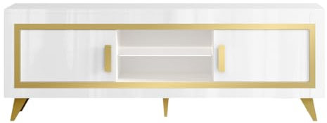 AltoBuy Jemma - Meuble TV 2 Portes Laqué Blanc et Décor Doré avec LEDs