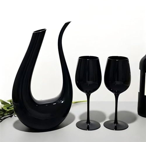 Lot de 2 verres à vin noirs à décanter - 473,6 g - Verres à champagne en forme de U - Carafe à vin vintage - Pour griller un anniversaire, un mariage, Noël - Carafe à décanter + 2 verres