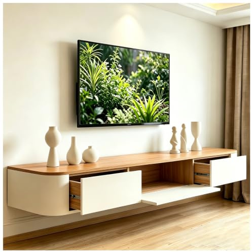 KSYGINXD 200cm TV Schrank, TV Lowboard Mit 2 Schubladen, 1 Klappe, TV Board Hängend, Fernsehschrank Für Das Wohnzimmer, Massivholz, Komplett Montiert
