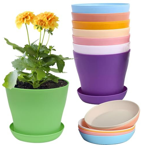 LOSYHU 8 Pack Plastic Plant Pots 14CM Small Flower Pots Round Colorful Flower Seedling Nursery Pots, Mini Plastic Plant Container Set, Plant Pots and Saucers for Indoor & Outdoor Garden, 8 Colours