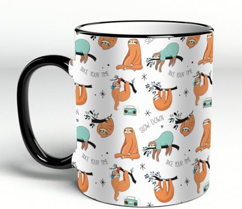 YOIUE Tasse aus Keramik - Große 11oz Tassen 330ml Kaffeetassen mit Henkel, 100% Handbemalt - Trinkgläser mit Griff - Weiß,Süße handgezeichnete Faultiere lustig Süße handgezeichnete Faultiere