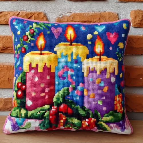 Walluminati 11-fädige, geprägte Stickerei-Kissenbezüge, Weihnachtskerzen, Kreuzstich-Kissenbezug, Stickset, Stickerei-Kissenbezüge, Nadelspitzen-Sets für Erwachsene und Anfänger, 45,7 x 45,7 cm