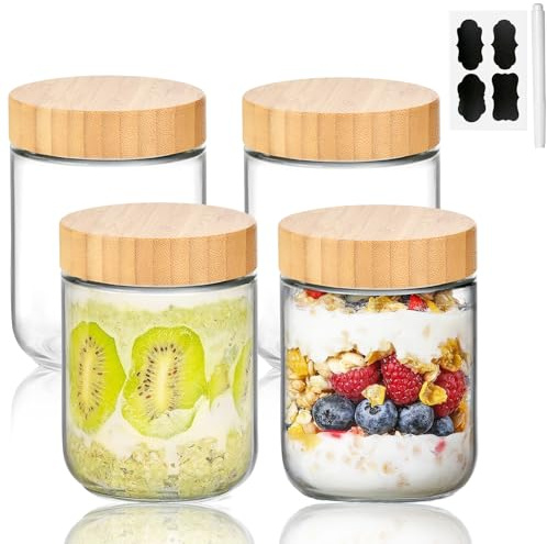 VITEVER 4-pack 16oz Overnight Oats Containers with Bamboo Lids, Glass jars with Airtight Lids, Wide mouth Mason Salad jars, Glass Food Storage Containers for Snacks Yogurt Spice Sugar
