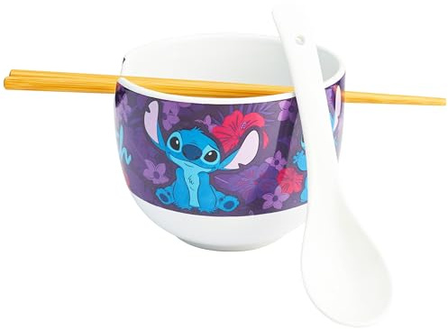 Get Trend Disney Stitch Ramen Schüssel Set, 600ml Keramik Geschirr Set mit Schale, Löffel & Essstäbchen aus Bambus, Geschenk Idee (Multi Stitch)