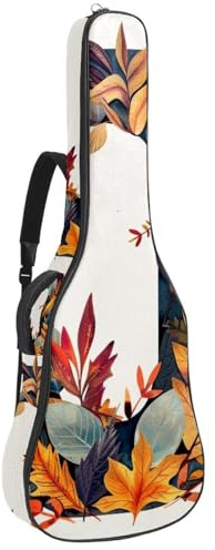 Gitarrentasche mit Buchstabe J mit Blumen und Blättern, schwarzer Hintergrund, gepolsterte Tasche für Akustikgitarre, Rucksack mit verstellbaren Schultergurttaschen, Mehrfarbig 04, 42.9x16.9x4.7 in,