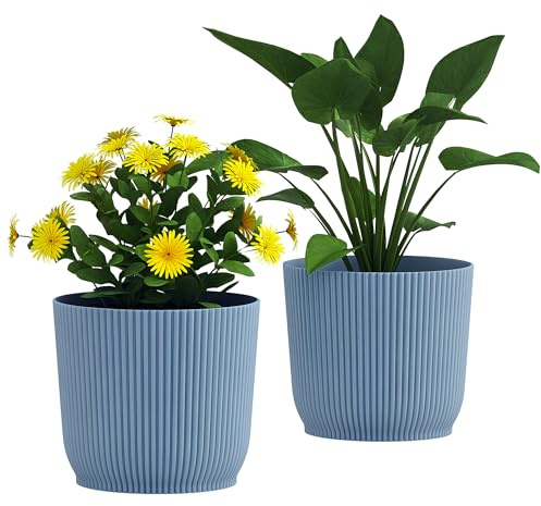Outsunny Set of 2 Plant Pots Plastic Outdoor Garden Planters 22cm, Blue | Round, Flower Pots for Garden Decoration, Patios, Indoor, Home