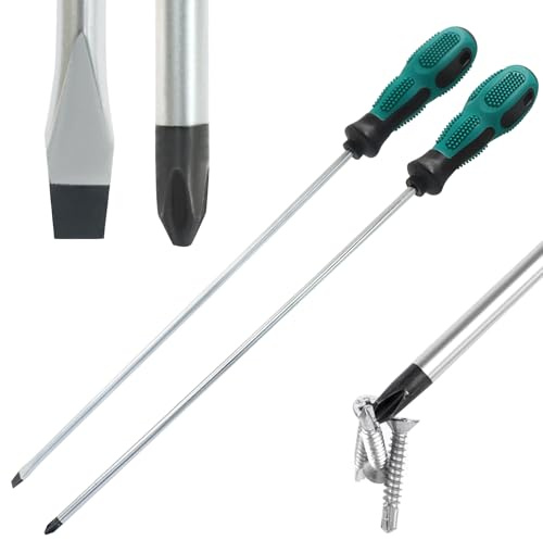Kyuionty 12-Inch Extra Long Slotted & Phillips Screwdriver Set, PH2 Magnetic Tip Flat Blade Cross-head Screwdrivers with Green Rubber Handle (2-Pack)