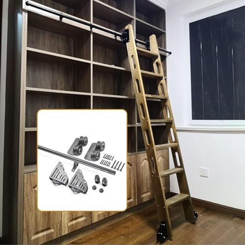Rustikales schwarzes Schiebeleiter-Hardware-Kit (ohne Leiter), 3,3 Fuß bis 20 Fuß Rollleiter-Hardware-Bibliotheks-Schiebeleiter-Hardware-Kit + Verlängerungsschiene, mit Bodenrollen