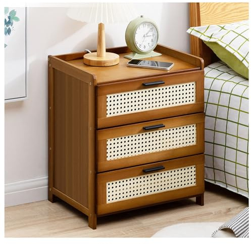 Narrow Bamboo Nightstand 2er Set - Nachtkommode mit Schubladen, Vintage Beistelltisch für Schlafzimmer, Stilvoller Nachttisch Spind Schrank, platzsparendes Design