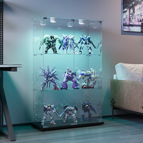 TIMORWTF Vetrina in vetro con LED, armadio vetrina per collezione trasparente, mobile vetrina in vetro con 2 ante con serratura e 3 ripiani vetrine soggiorno bar, 123 x 78,5 x 35 cm, nero