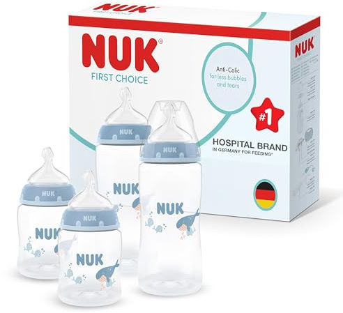 NUK First Choice Babyflaskor | 0-3+ månader | 150 ml & 300 ml | Anti-kolikmatningsflaska | PP | Temperaturindikator | Val | 4 stycken