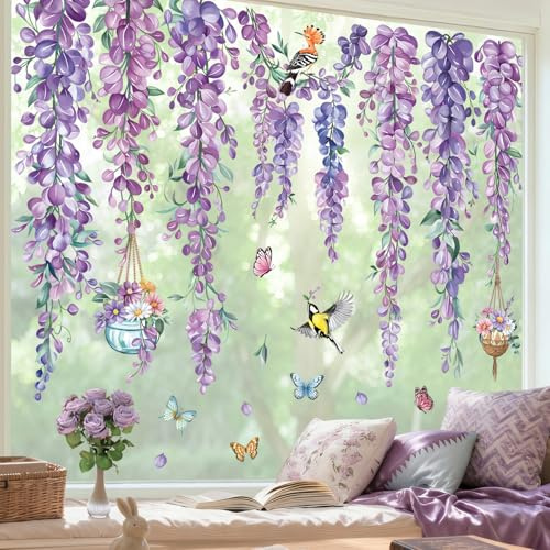 decalmile Fensterbilder Blumen Rebe Lila Fensteraufkleber Hängende Pflanzen Glyzinien Fenster Abziehbilder Schmetterlinge vogel Anti-Kollision Fenstersticker Glas Fensterdeko Aufkleber