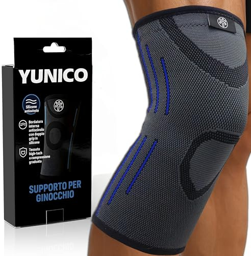 YUNICO – Ginocchiera Sportiva a Compressione Uomo Donna – Elastica Antiscivolo con Doppia Fascia in Silicone, Supporto per Corsa, Running, Palestra, Fitness e Trekking