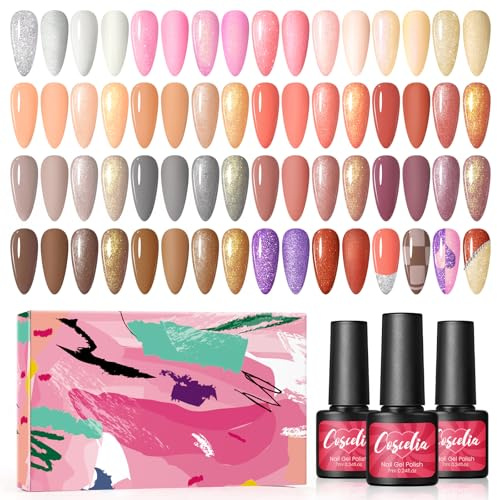 COSCELIA UV nagellackset 20 färger – glansiga och glittriga nyanser Gelnagellack UV Orange Brunt Grått Rosa Lila Silver Guld Långvarigt gelnagelset Manikyr