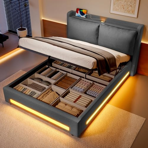 Ball & Cast 4ft Double bed frame with storage 135×190 cm with storageand LED Lights, Upholstered Platform Bed frame with Under-bed Storage, No Box Spring Needed, Dark Gray Velvet