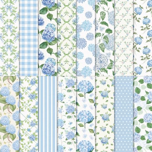 JarThenaAMCS Lot de 32 feuilles de papier à motif hortensia bleu, floral, feuilles vertes, scrapbooking, papier spécial double face pour le printemps et l'été, les loisirs créatifs, la fabrication de