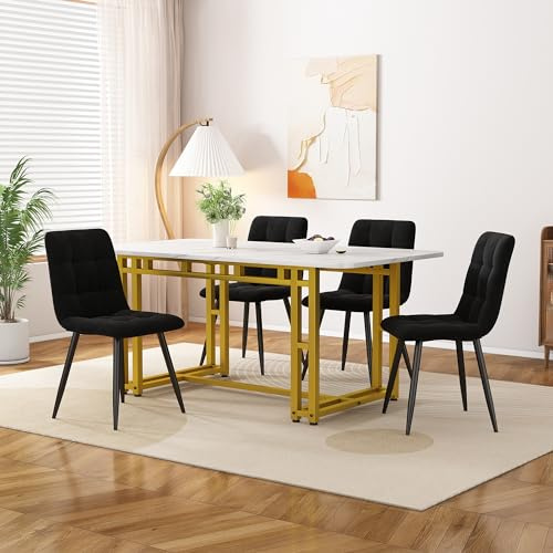 Essgruppe mit Rechteckiger Esstisch Esszimmerstühle für 4 Personen Eisen Beintisch für Esszimmer Wohnzimmer Restaurant Kaffeetisch Gold mit 4 Schwarz Stühlen 120x70 cm